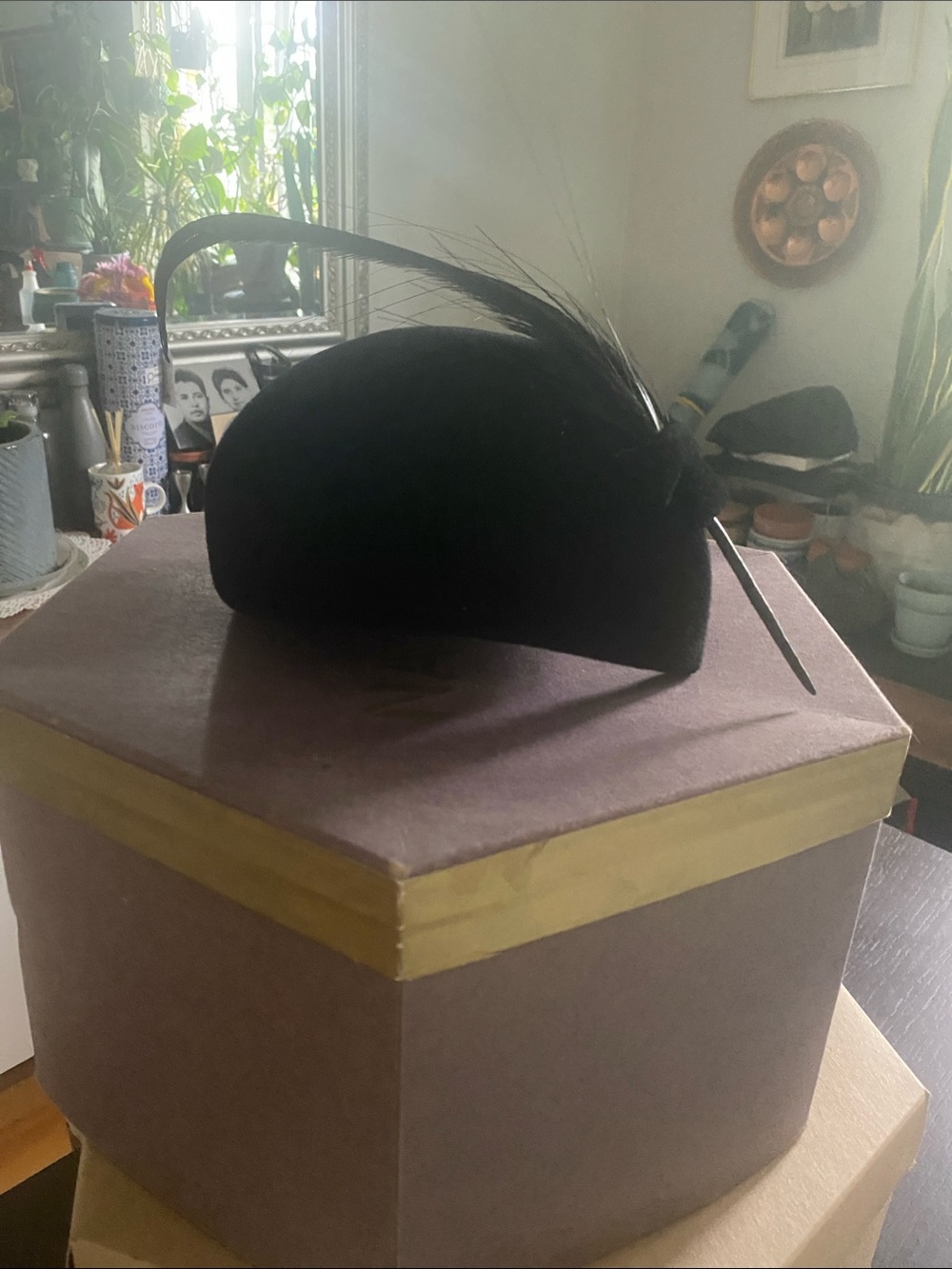 Vintage single Black Feathered Pillbox Hat